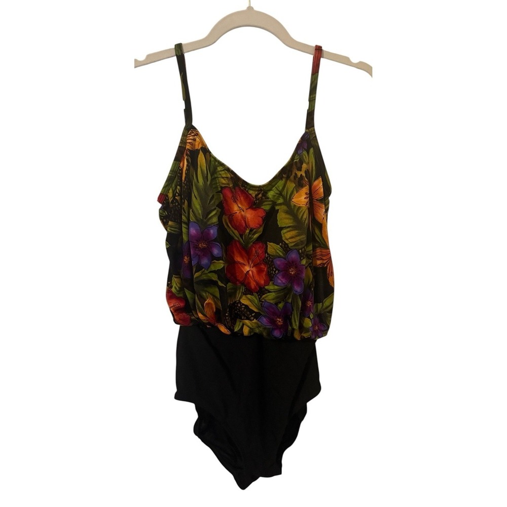 Vintage Y2k Longitude Swimsuit One Piece Floral Blouson Tankini Size 10